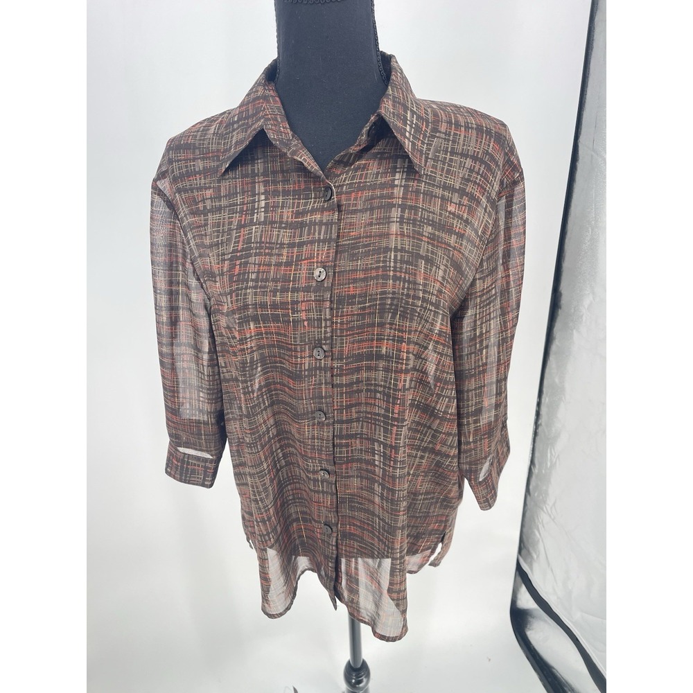 BonWorth 3/4 Sleeve Blouse Brown Sheer Geometric‎ Women's Petite S Bin12